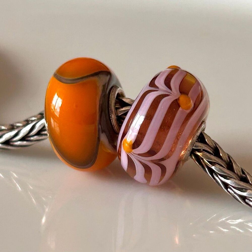 TROLLBEADS Lot of 2 Pink & Orange Beads LAA 925S Armadillo & Chevron Unique
